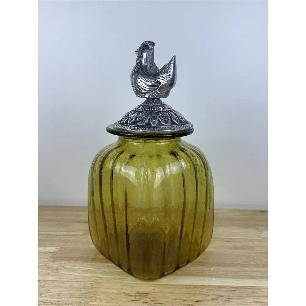 Vintage Amber Golden Yellow Glass Ribbed Canister With Pewter Rooster Top 12”